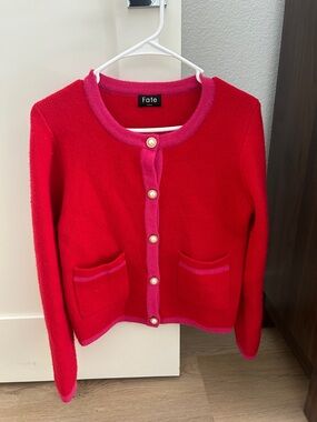 Fate Red Cardigan with Pink Trim and Pearl Buttons